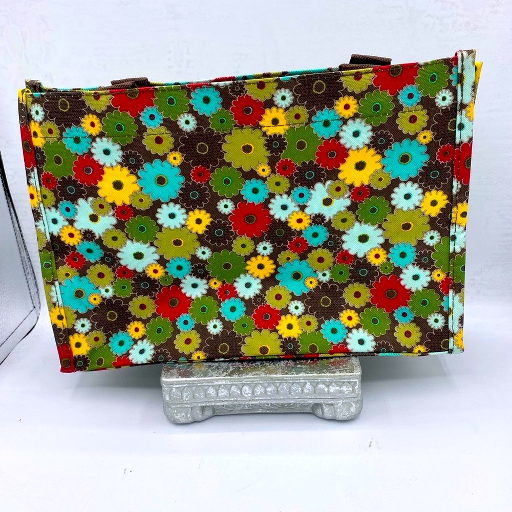 Thirty One Brand Open Tote Brown Background With Brightly Colored Floral Design - Picture 6 of 6
